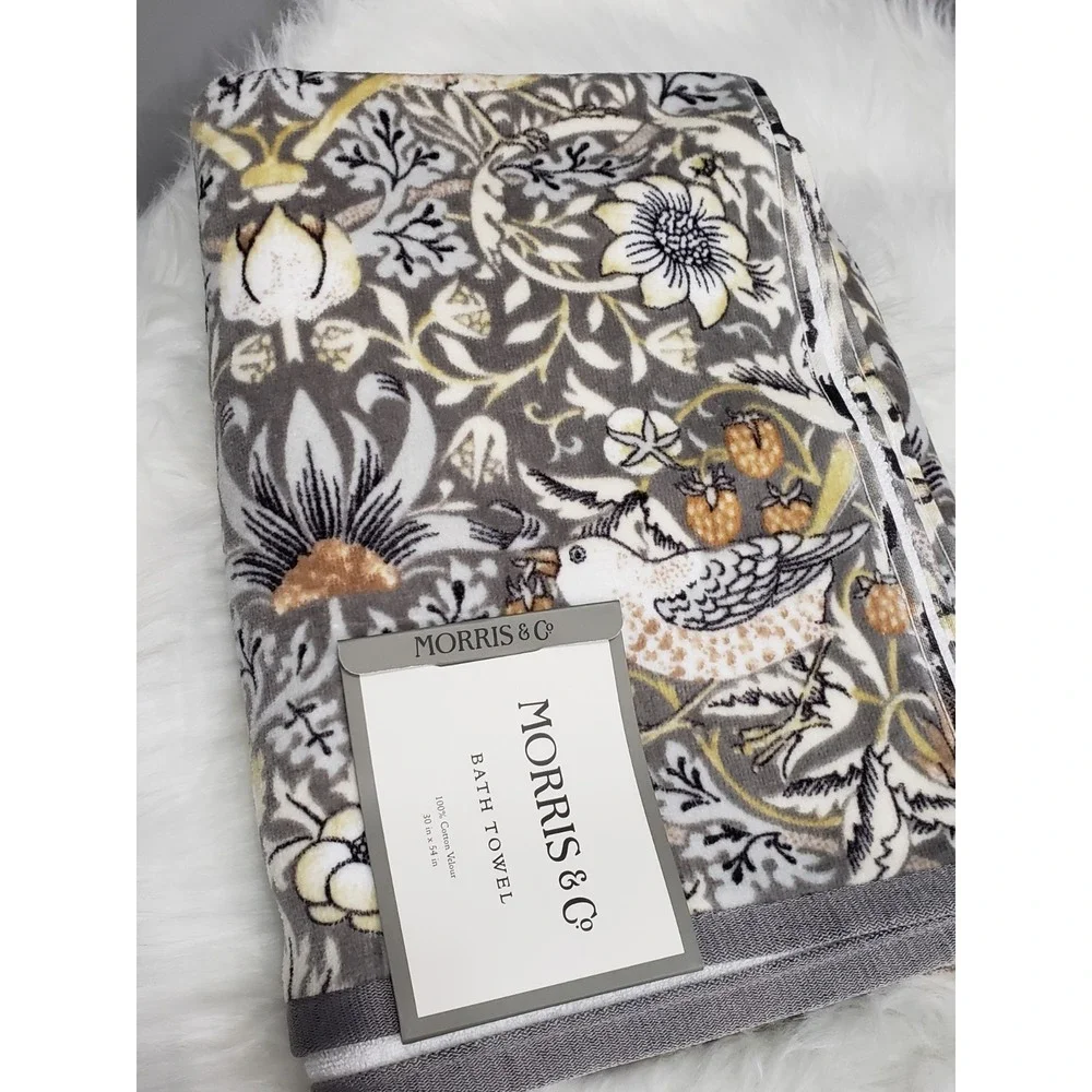 William Morris ONE CLAY STRAWBERRY THIEF BATH TOWEL Luxury Velour bird gray NEW